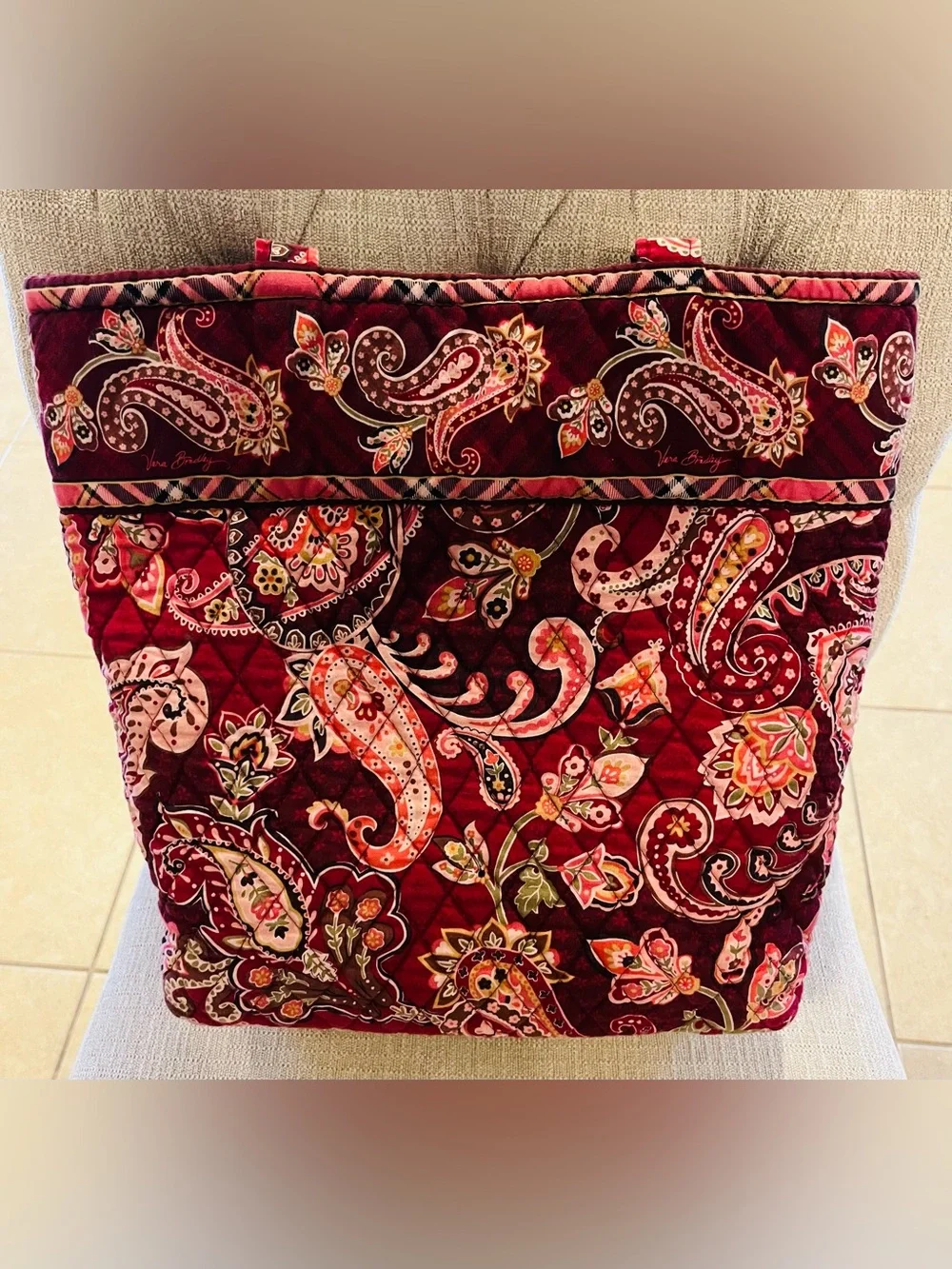 Vera Bradley Burgundy Paisley Quilted Tote with Floral Accents